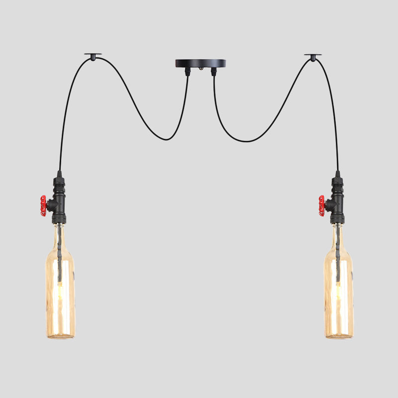 Industriële fles Multi Pendant Light 2/3-Head Amber Glass Swag Suspension Lamp in Black