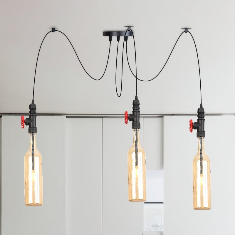 Industrial Bottle Multi Pendant Light 2/3-Head Amber Glass Swag Suspension Lamp in Black