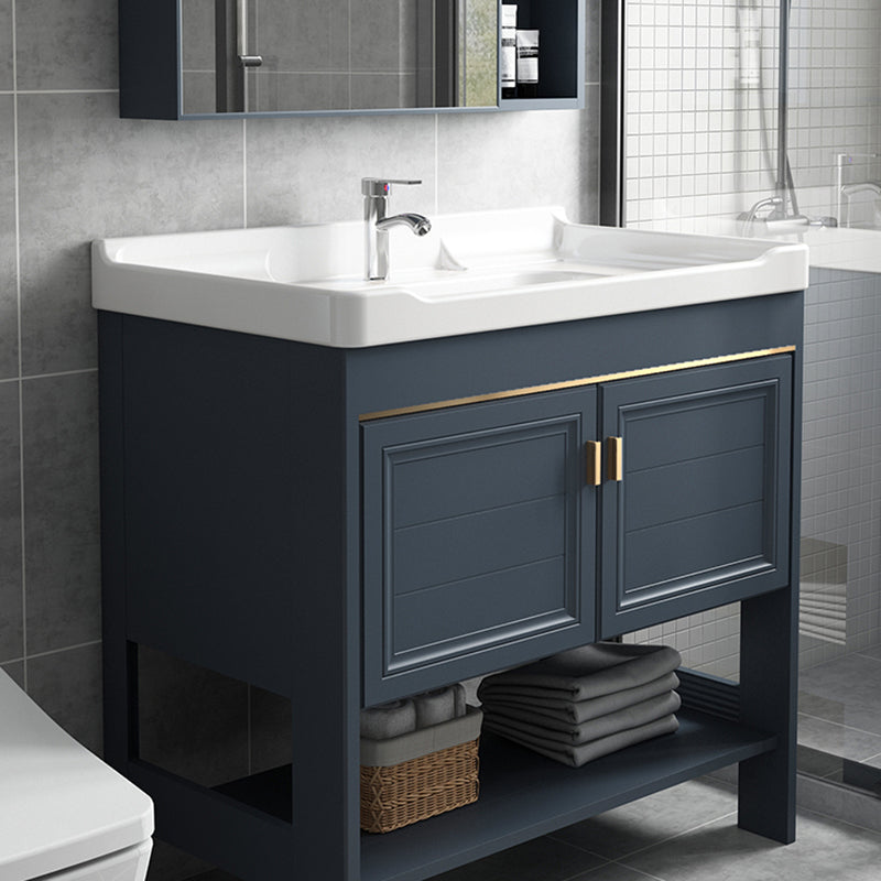 Modern Single Blue Sink Vanity Freestanding Metal Base Bath Vanity