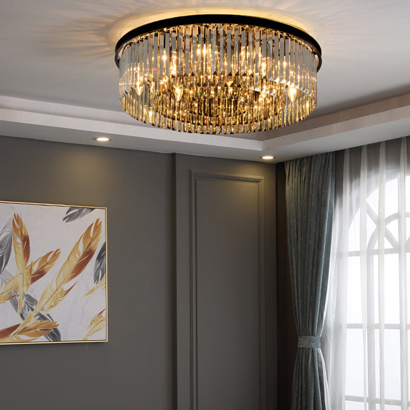 Gray Modern Metal Flush Mount Circle Shape Ceiling Lamp with Crystal Shade for Living Room