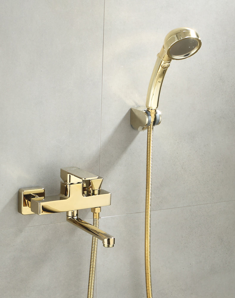 Wall Mounted Gold Bathtub Faucet Swivel Spout Lever Handle with Hand Shower