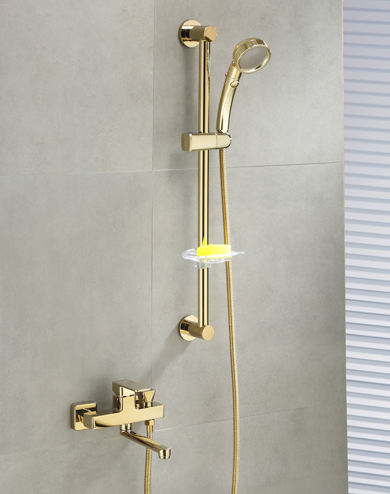 Wall Mounted Gold Bathtub Faucet Swivel Spout Lever Handle with Hand Shower