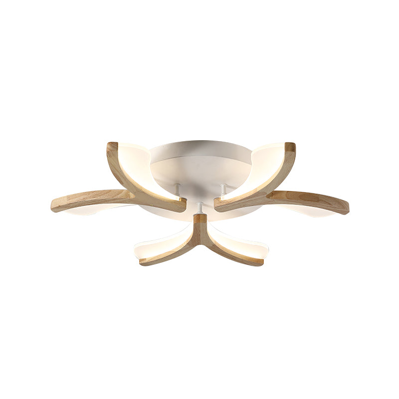 Wood Y-Shape Semi Flush Light Fixture Modernist 3/5 Heads 23.5"/27.5" W LED Ceiling Mounted Lamp, Warm/White Light