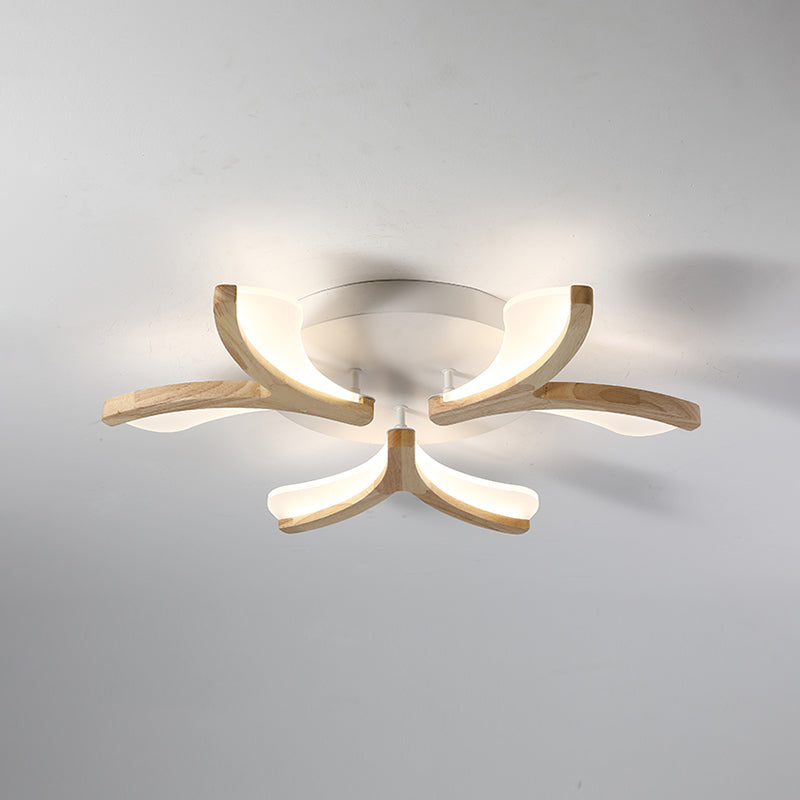 Wood Y-Shape Semi Flush Light Fixture Modernist 3/5 Heads 23.5"/27.5" W LED Ceiling Mounted Lamp, Warm/White Light