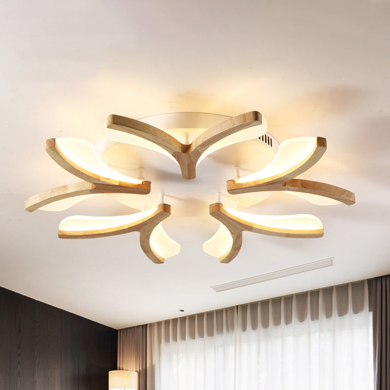 Wood-Shape Semi Flush Light de moderniste 3/5 têtes 23,5 "/27,5" W Lempe montée à plafond LED, lumière chaude / blanche