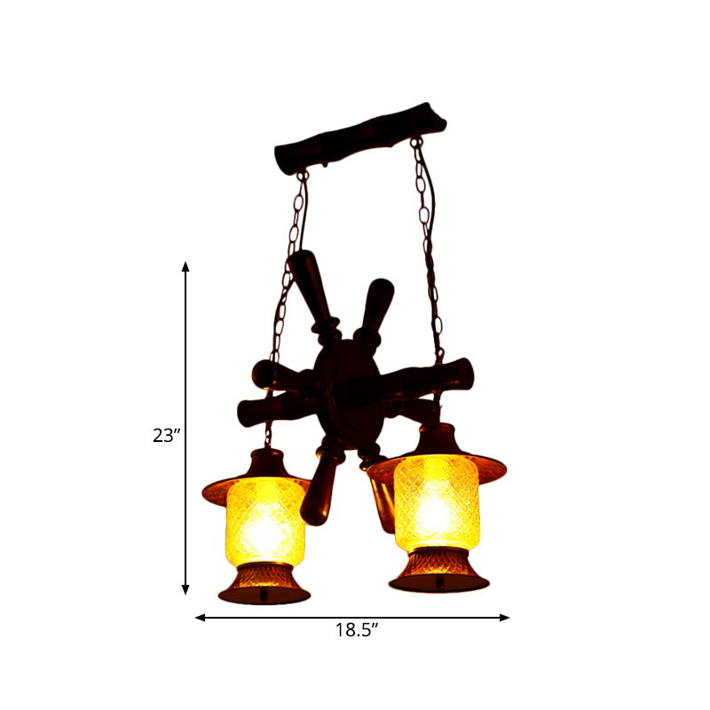 Fabrik Kerosin Kronleuchter Lampe 2 Lichter gelbes Netz Glas Anhänger Deckenleuchte in Kupfer mit Holz Ruderdesign