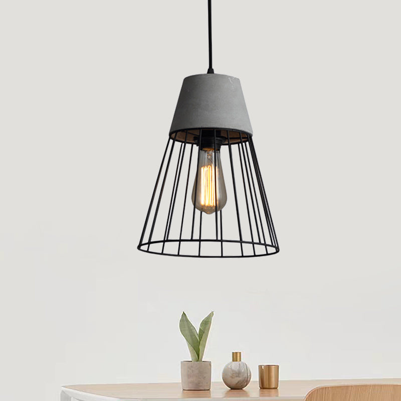 1 Light Conic Cage Ceiling Light Antiqued Black/Rose Gold Iron Pendant Lamp Fixture with Cement Top