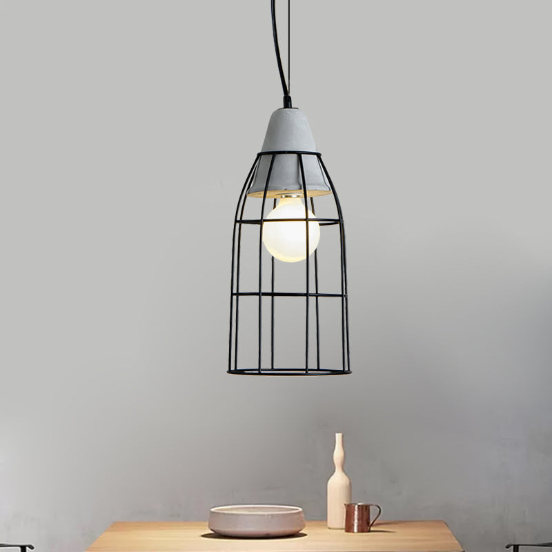 Industrial Cylinder/Dome/Arc Cage Pendant 1 Bulb Iron Hanging Light Kit in Black with Cement Cap