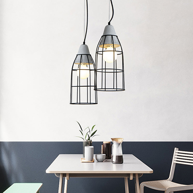 Industrial Cylinder/Dome/Arc Cage Pendant 1 Bulb Iron Hanging Light Kit in Black with Cement Cap