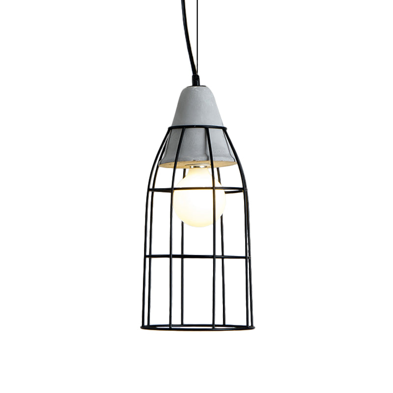 Industrial Cylinder/Dome/Arc Cage Pendant 1 Bulb Iron Hanging Light Kit in Black with Cement Cap