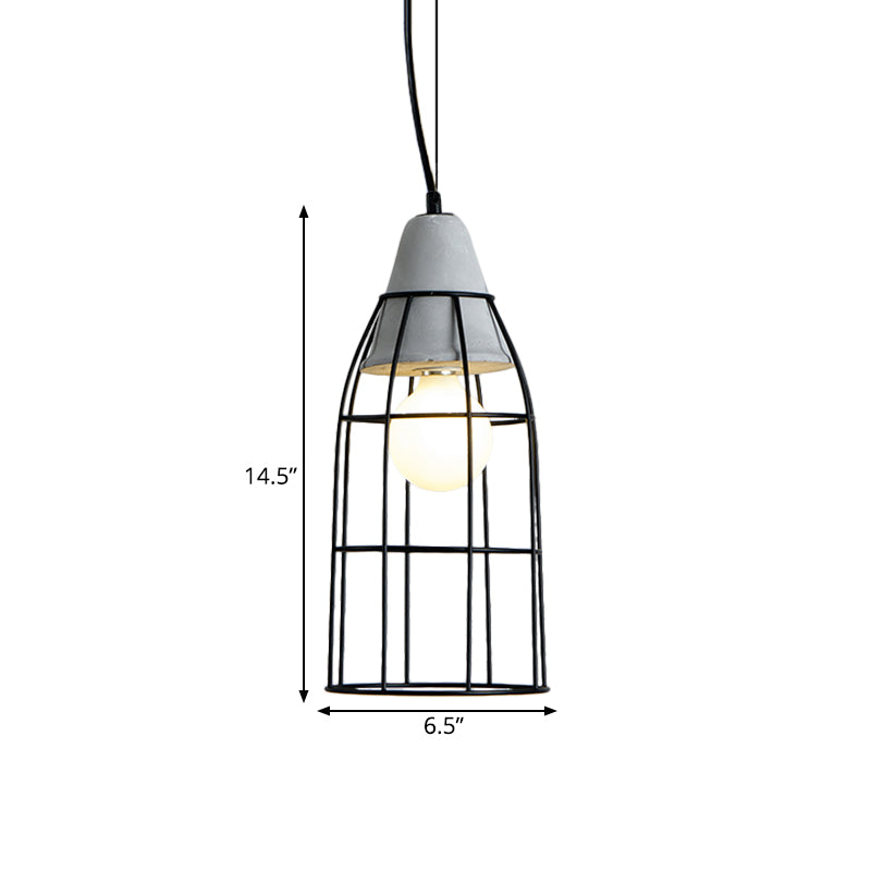 Industrial Cylinder/Dome/Arc Cage Pendant 1 Bulb Iron Hanging Light Kit in Black with Cement Cap