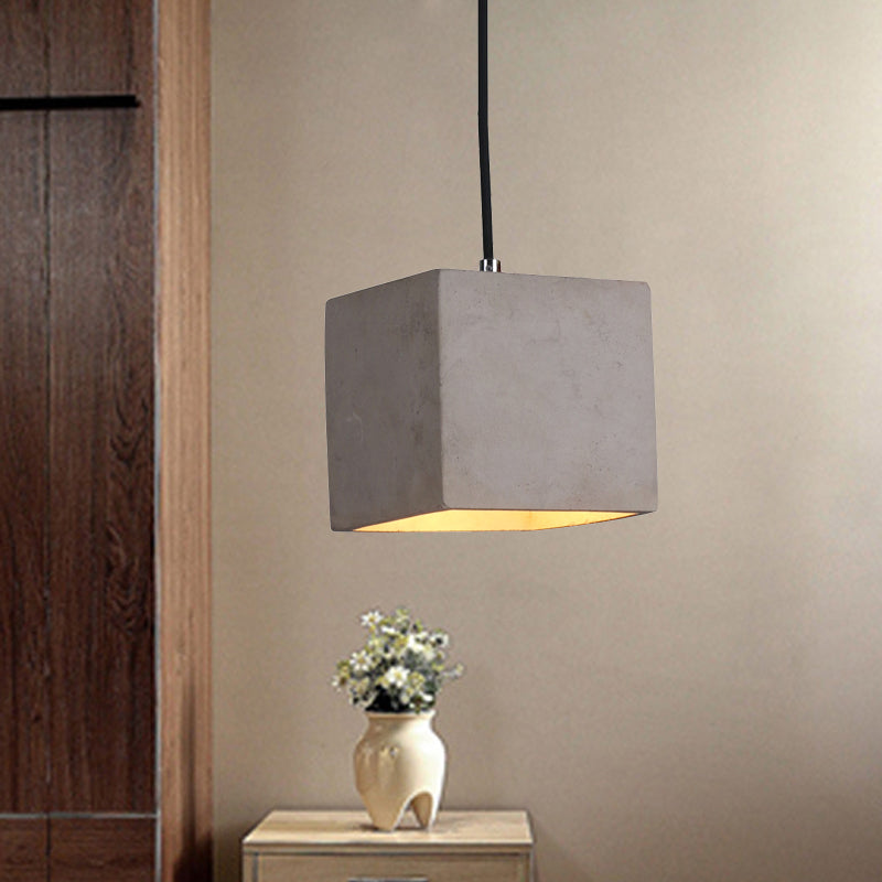 1-Head Cube Pendant Light Kit Antiqued Grey Cement Hanging Ceiling Lamp for Corridor