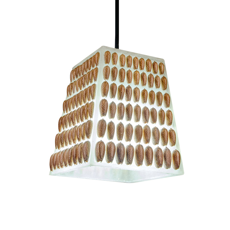 Brown 1-Head Hanging Light Kit Industrial Resin Trapezoid Pendant Lamp with Conch Deco