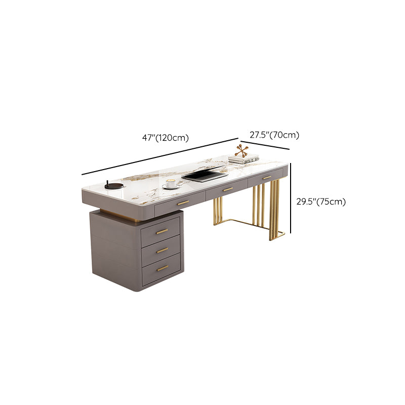 Glam Writing Desk Stone Rectangle 29.53" Tall Office Desk with Drawers