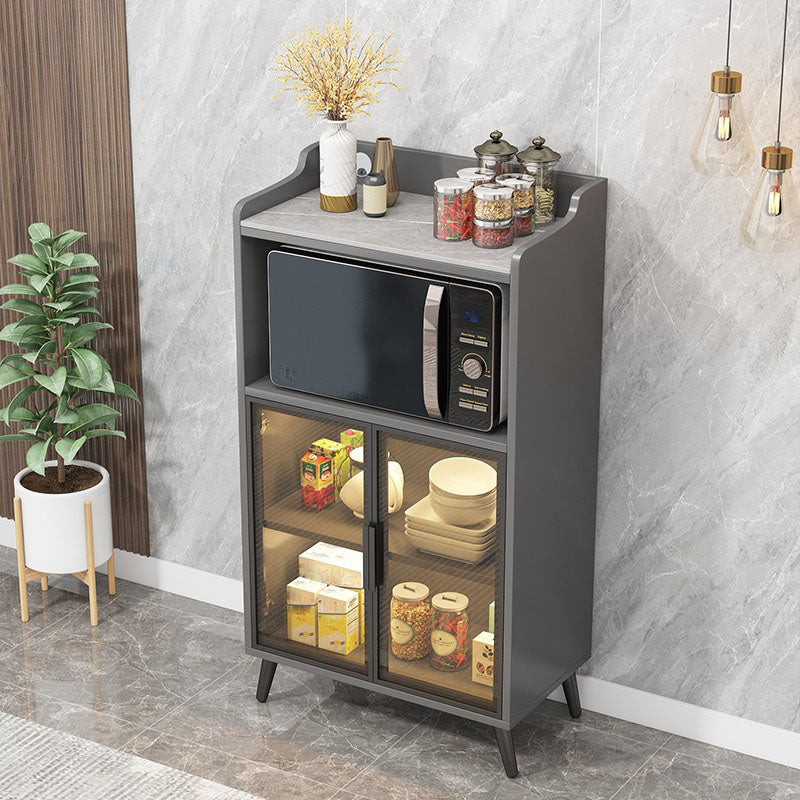 Gray Stone Sideboard Glass Doors Glam Indoor Dining Server with Cabinets