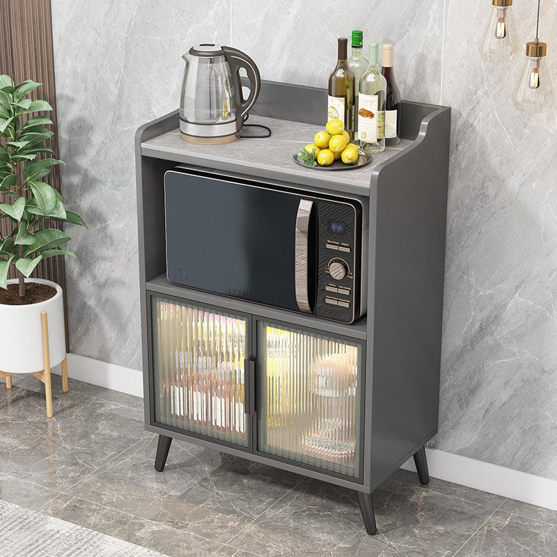 Gray Stone Sideboard Glass Doors Glam Indoor Dining Server with Cabinets