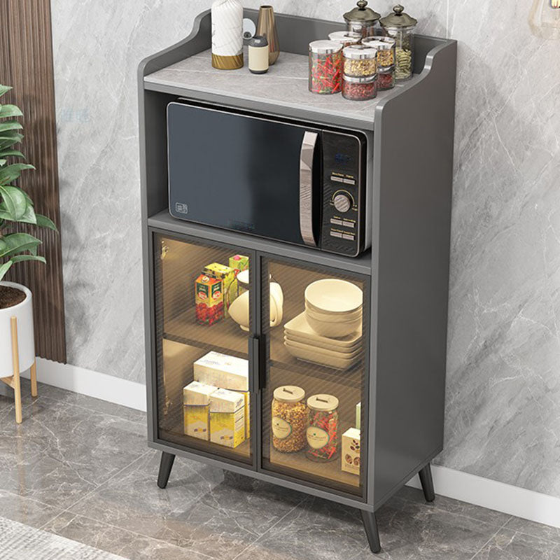 Gray Stone Sideboard Glass Doors Glam Indoor Dining Server with Cabinets