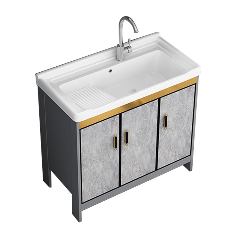 Bath Vanity Single Sink Metal Frame Grey Rectangular 2 Doors Freestanding Vanity