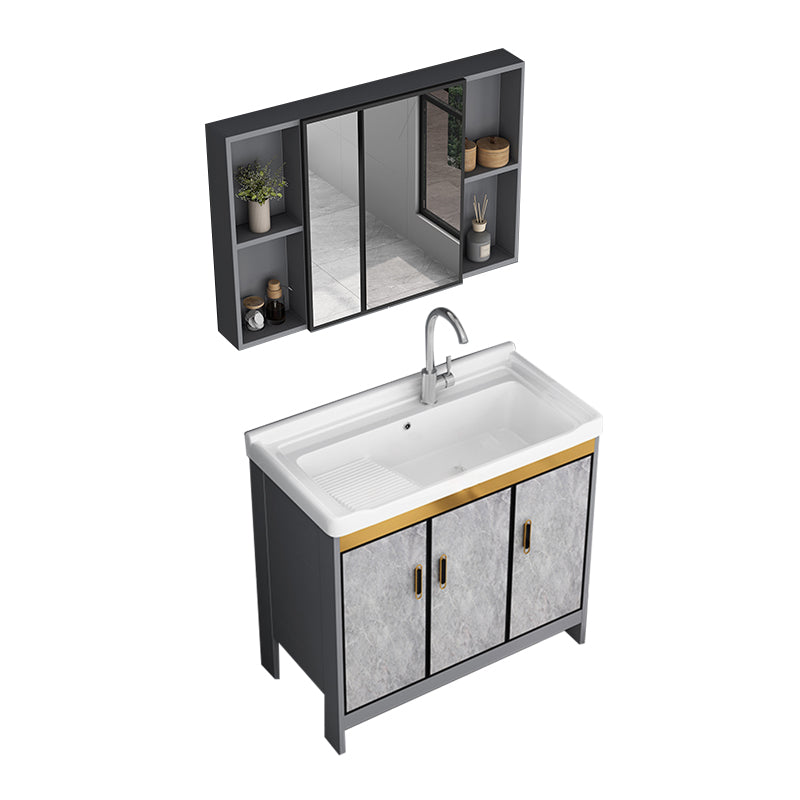 Bath Vanity Single Sink Metal Frame Grey Rectangular 2 Doors Freestanding Vanity