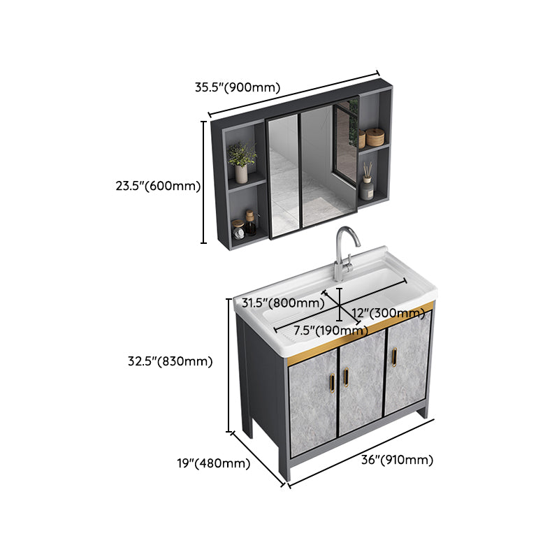 Bath Vanity Single Sink Metal Frame Grey Rectangular 2 Doors Freestanding Vanity