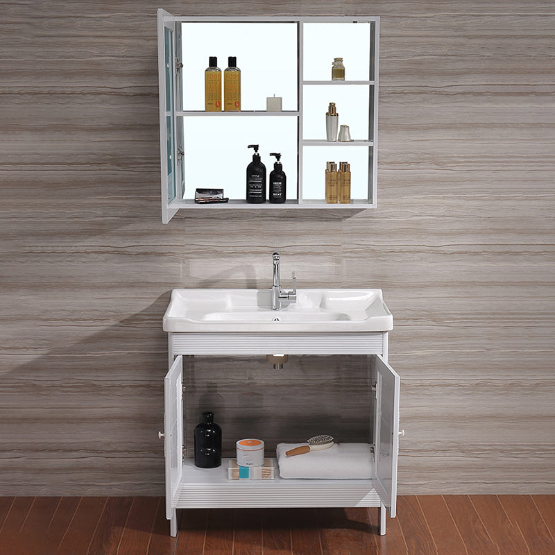 White Freestanding Vanity Rectangular 2 Doors Metal Frame Mirror Single Sink Vanity