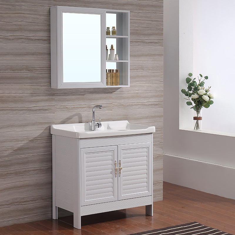 White Freestanding Vanity Rectangular 2 Doors Metal Frame Mirror Single Sink Vanity