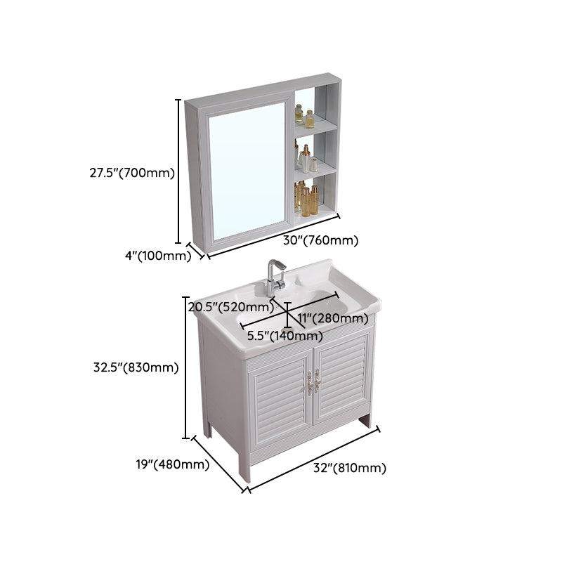 White Freestanding Vanity Rectangular 2 Doors Metal Frame Mirror Single Sink Vanity