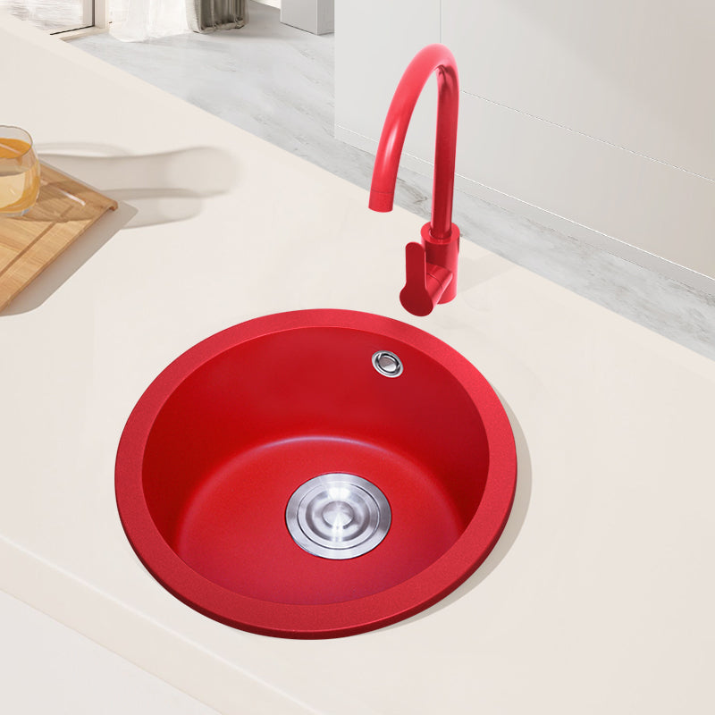 Quartz Kitchen Sink Single Bowl Red Round Kitchen Sink with Drain Assembly