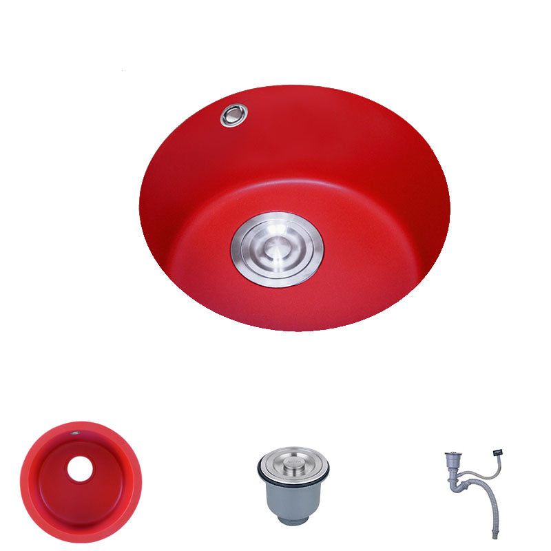 Quartz Kitchen Sink Single Bowl Red Round Kitchen Sink with Drain Assembly