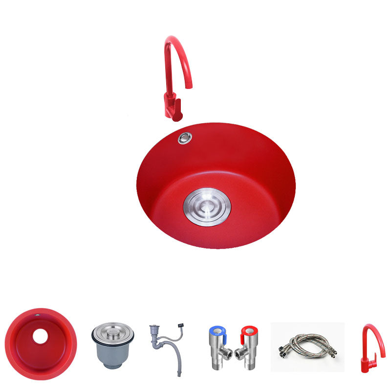 Quartz Kitchen Sink Single Bowl Red Round Kitchen Sink with Drain Assembly