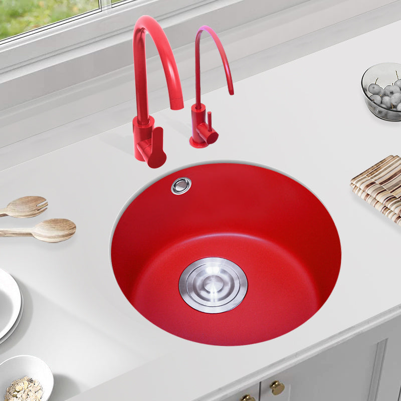 Quartz Kitchen Sink Single Bowl Red Round Kitchen Sink with Drain Assembly