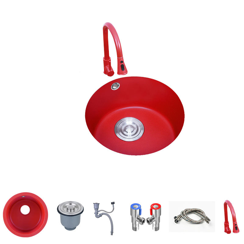 Quartz Kitchen Sink Single Bowl Red Round Kitchen Sink with Drain Assembly