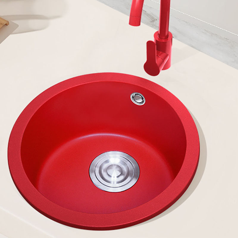 Quartz Kitchen Sink Single Bowl Red Round Kitchen Sink with Drain Assembly