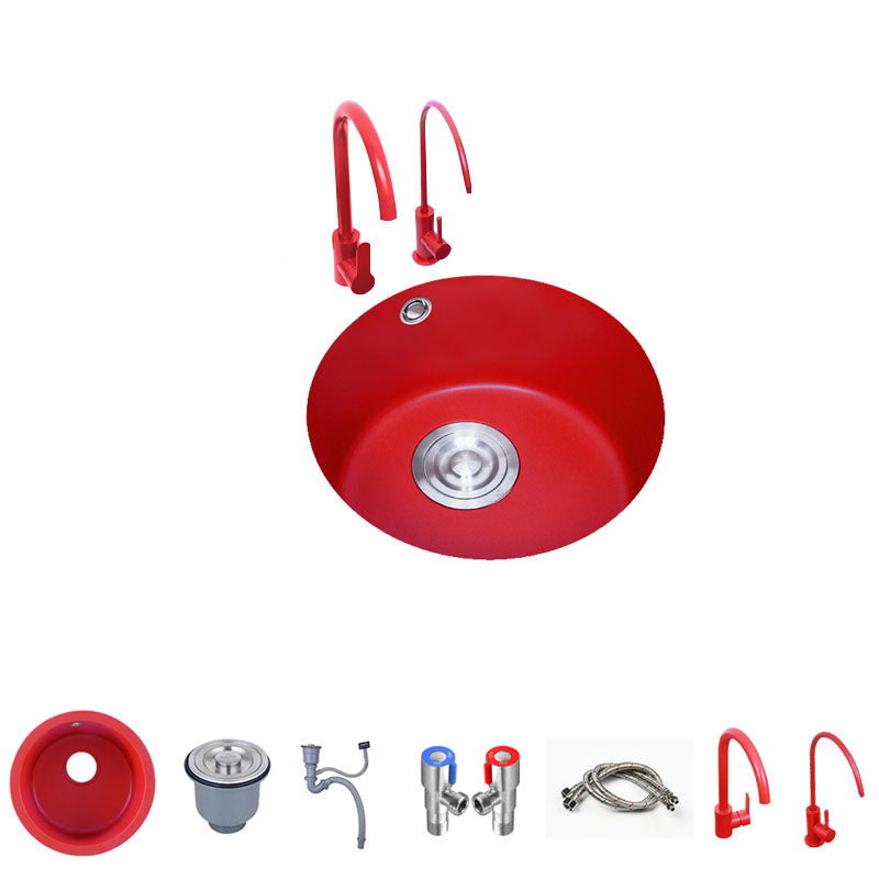 Quartz Kitchen Sink Single Bowl Red Round Kitchen Sink with Drain Assembly