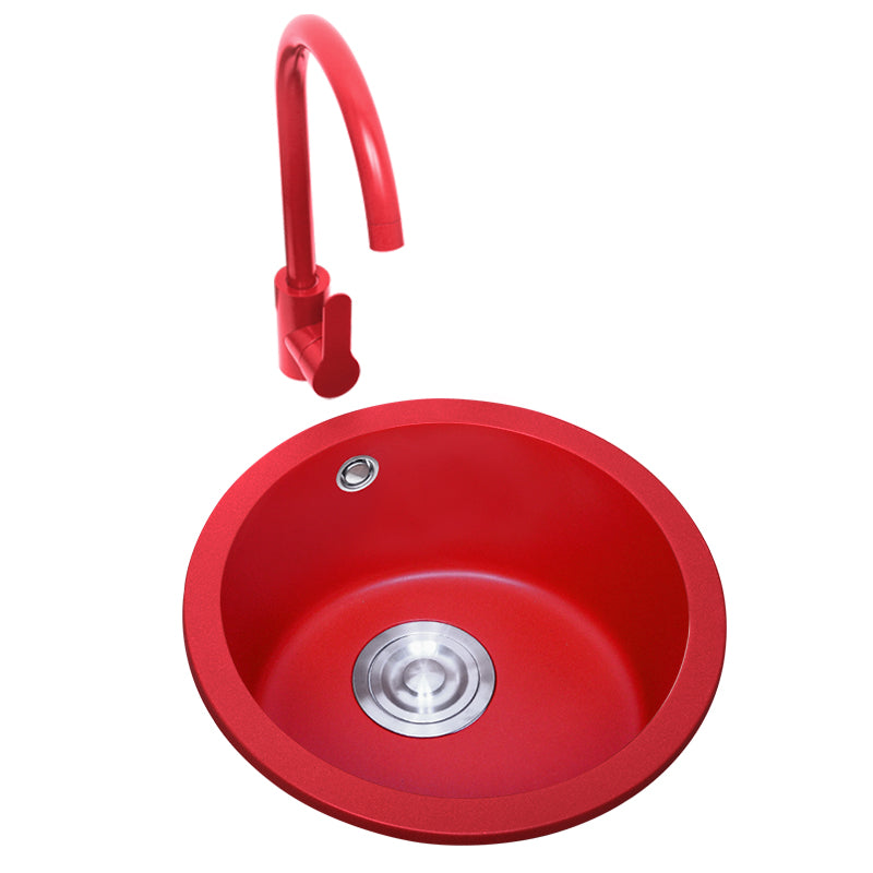 Quartz Kitchen Sink Single Bowl Red Round Kitchen Sink with Drain Assembly