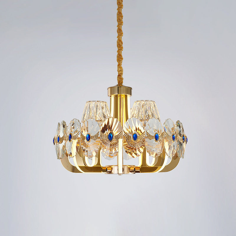 Panneau rond Crystal Pendant lustre moderniste 8 bulbes salon plafond plafond s'amuser en or avec un cône de l'ombre