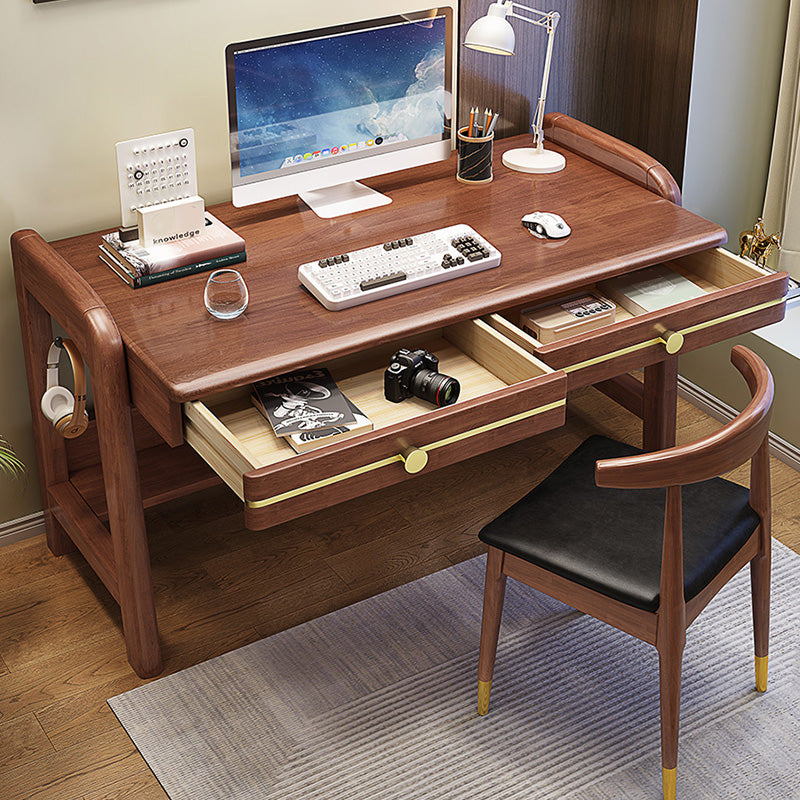 Contemporary Writing Desk with 2 Drawers and 1 Shelf in Solid Wood