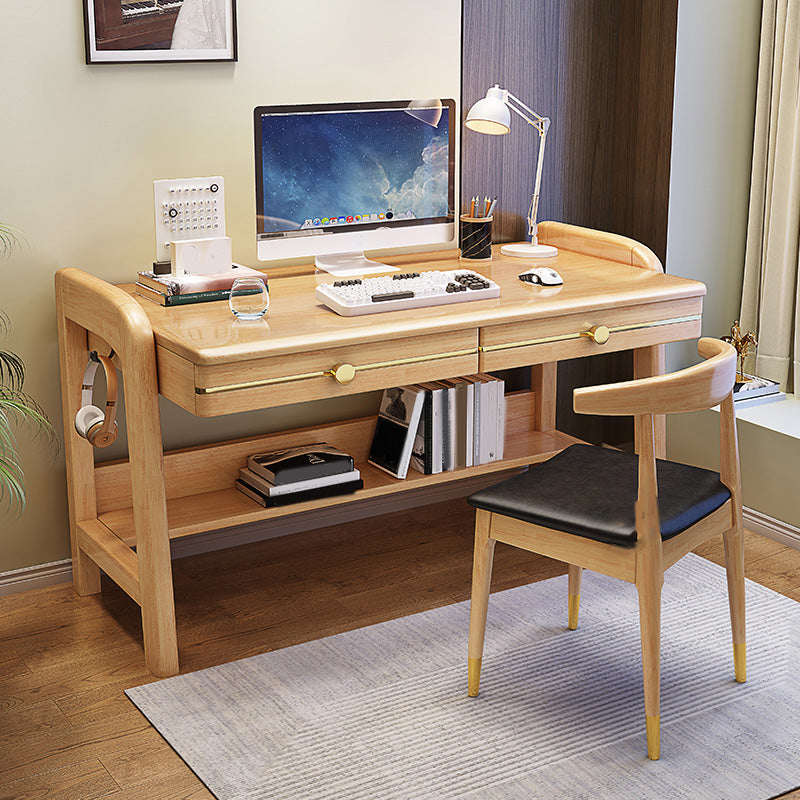 Contemporary Writing Desk with 2 Drawers and 1 Shelf in Solid Wood