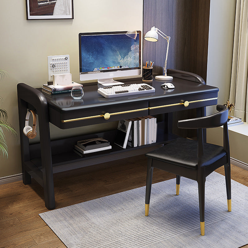 Contemporary Writing Desk with 2 Drawers and 1 Shelf in Solid Wood