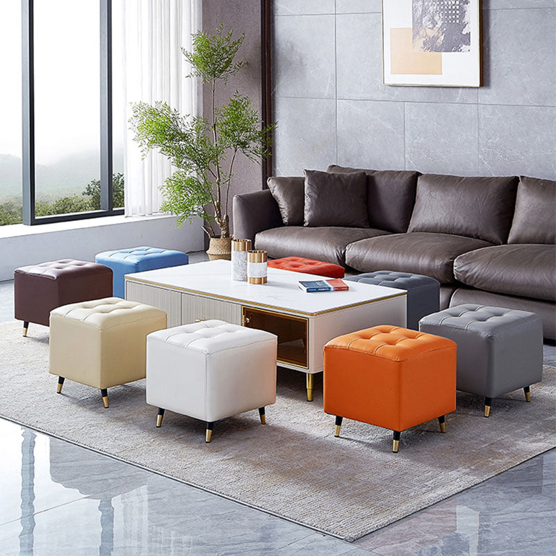 Glam Pouf Ottoman Genuine Leather Upholstered Tufted Square Ottoman with Metal Legs