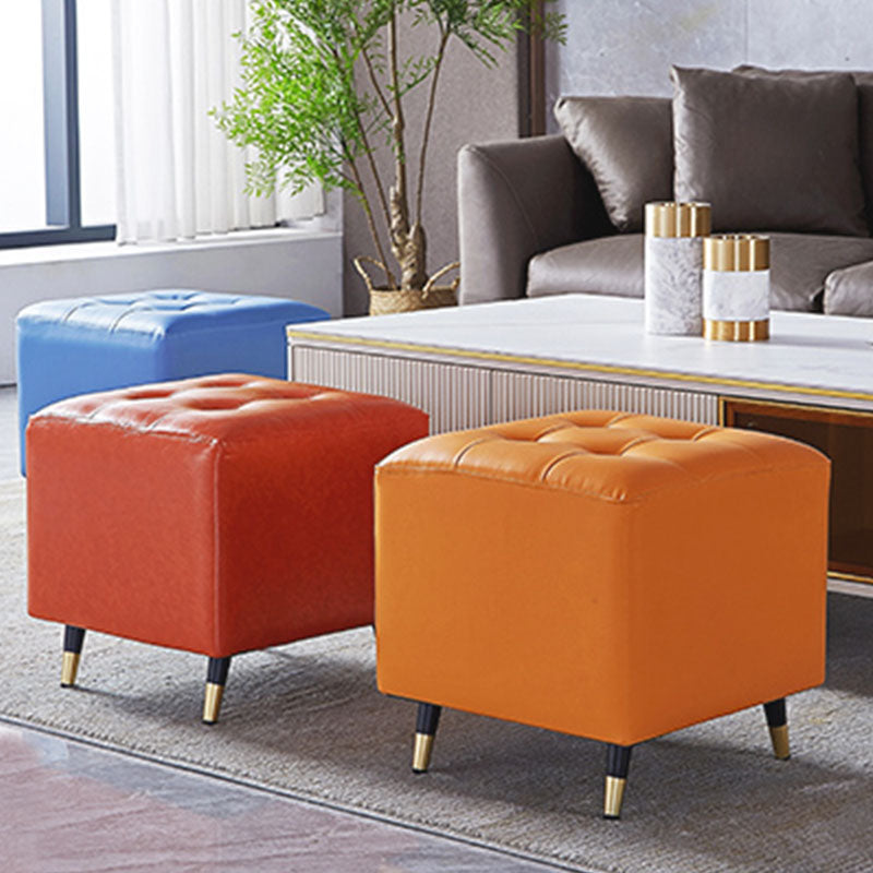 Glam Pouf Ottoman Genuine Leather Upholstered Tufted Square Ottoman with Metal Legs