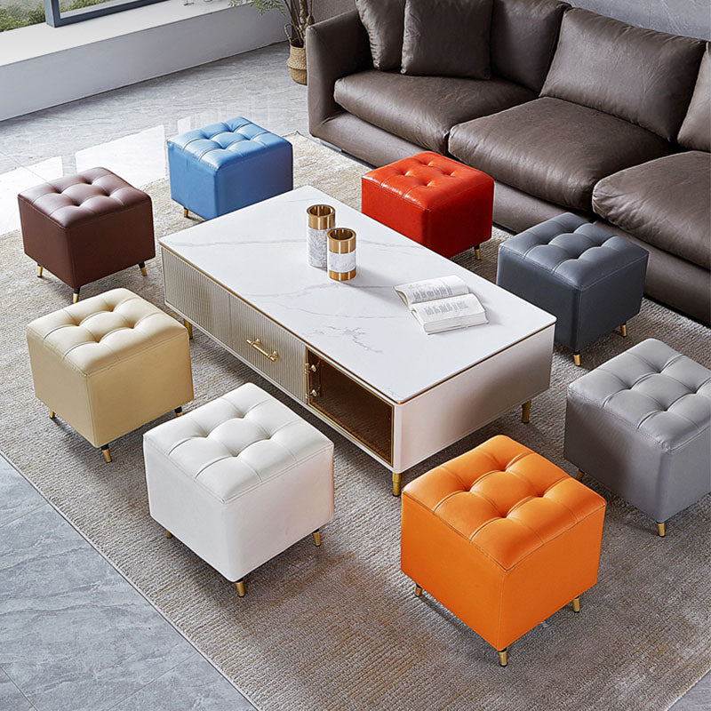 Glam Pouf Ottoman Genuine Leather Upholstered Tufted Square Ottoman with Metal Legs