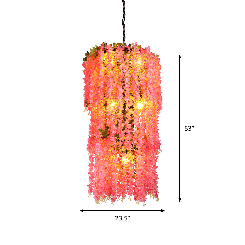 7-Head Metal Chandelier Lamp Loft Pink Tiered Restaurant Pendant Ceiling Light with Flower Decor