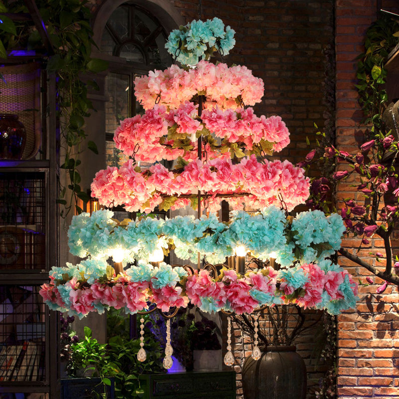 Pink and Blue 6 Bulbs Chandelier Loft Iron Multi Circle Cage Flower Suspension Lighting with Crystal Accent