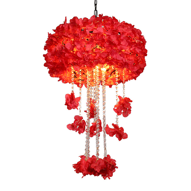 Round Cage Restaurant Chandelier Vintage Iron 4-Bulb Red Flower Ceiling Hang Fixture with Crystal Bead