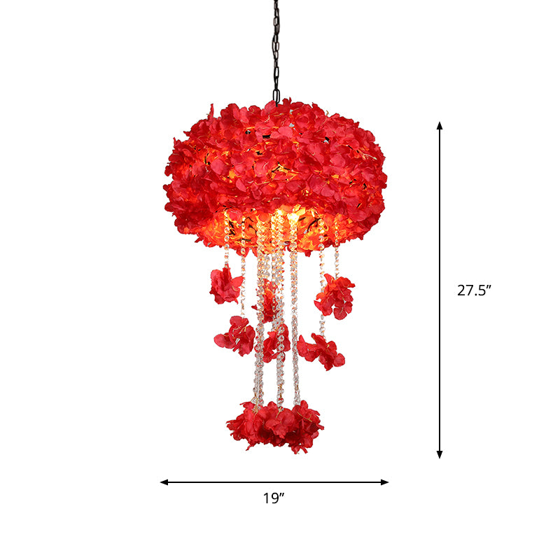 Round Cage Restaurant Chandelier Vintage Iron 4-Bulb Red Flower Ceiling Hang Fixture with Crystal Bead