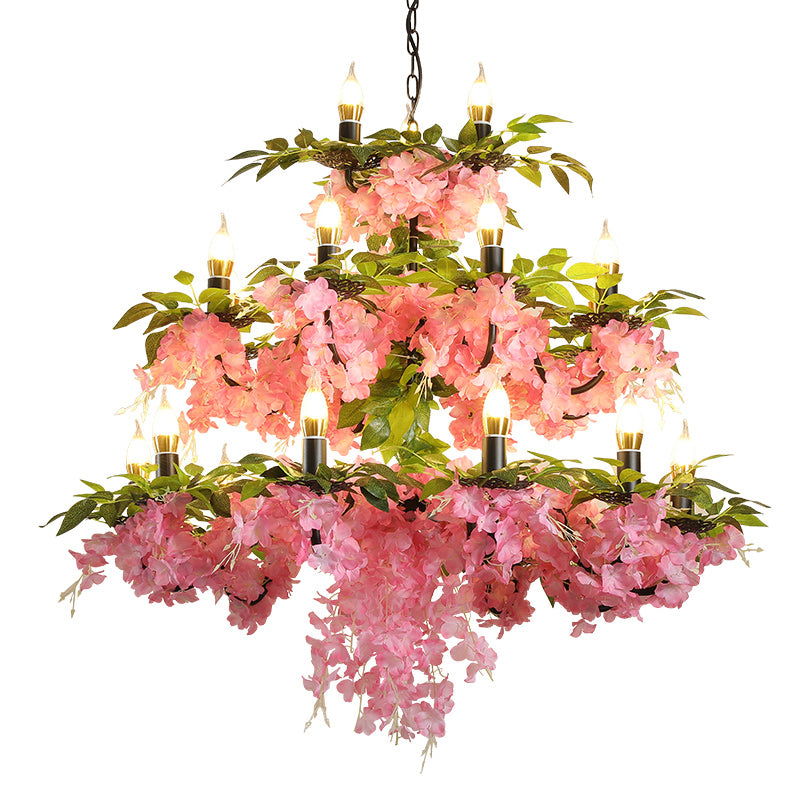 3-Tier Candle Iron Chandelier Light 21 Heads Restaurant Flower Ceiling Pendant Lamp in Pink