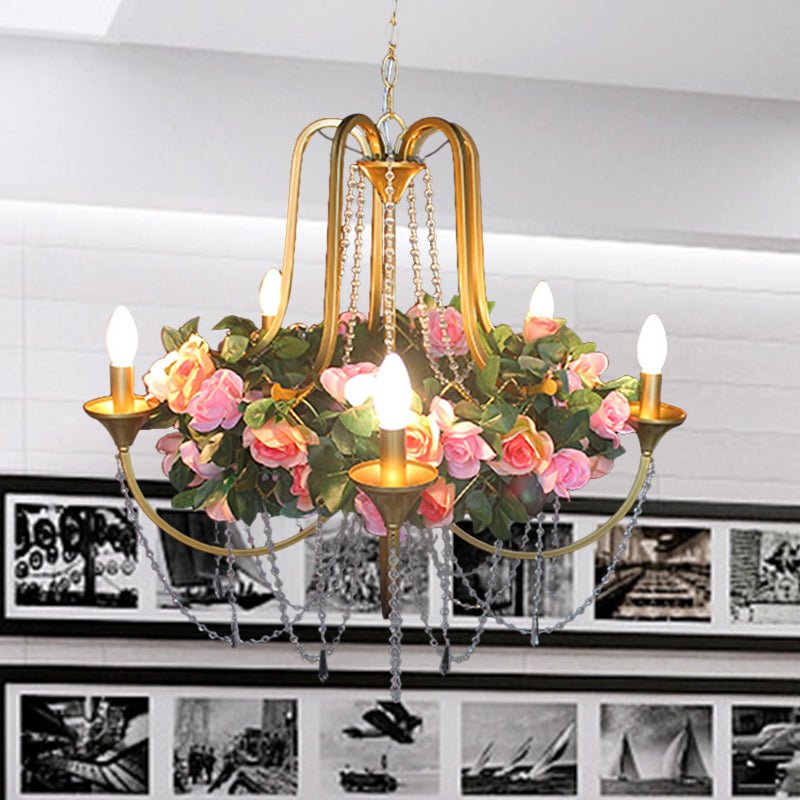5 Heads Iron Chandelier Lighting Antique Gold Candlestick Restaurant Flower Ceiling Lamp with Crystal Strand