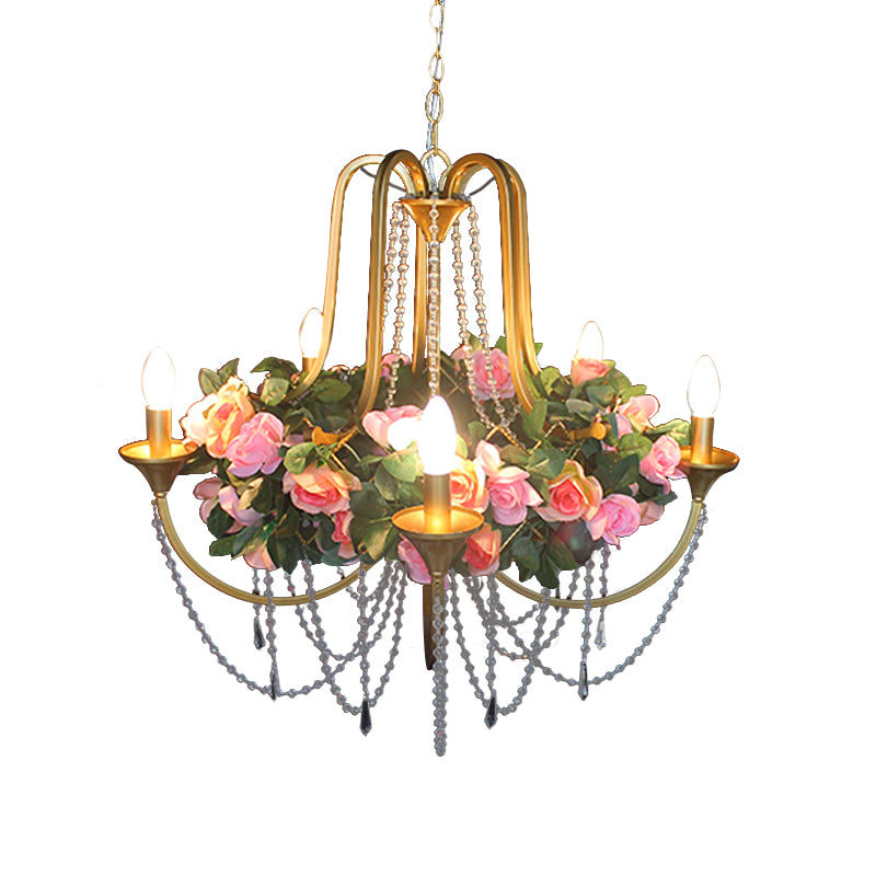 5 Heads Iron Chandelier Lighting Antique Gold Candlestick Restaurant Flower Ceiling Lamp with Crystal Strand