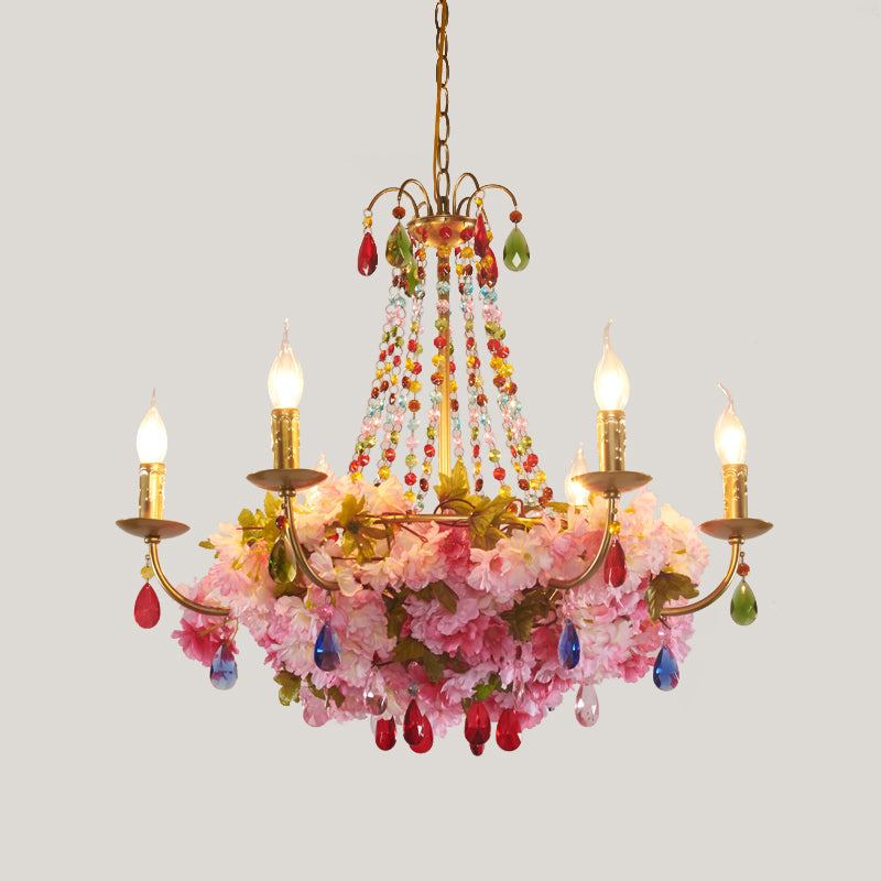 Candlestick Restaurant Hanging Chandelier Antique Iron 6/12 Lights Gold Flower Pendant with Colorful Crystal